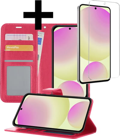 Hoesje - Met Screenprotector - Geschikt voor Samsung Galaxy S24 FE - Luxe Pasjeshouder - Bookcase Portemonee - Flip Case - Kunstleer Book Case - Flipcase - Book Cover - Walletcase - Portemonneehoes - Telefoonhoesjes - Donkerroze