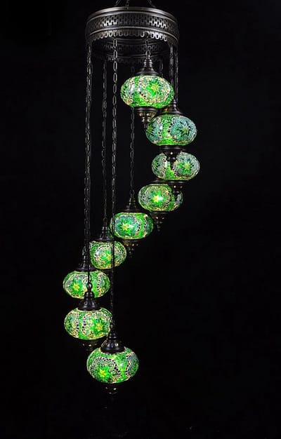 Turkse hanglamp mozaïek glas groen - 9 bollen - hoogte 160 cm - handgemaakt en uniek