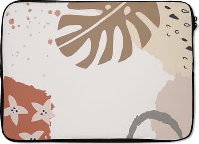 Laptophoes 14 inch - Zomer - Monstera - Bruin - Laptop sleeve - Binnenmaat 33x23 cm - Zwarte achterkant