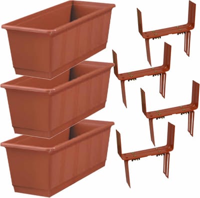Set van 5 kunststof plantenbakken terracotta rechthoekig 40 cm met 10 verstelbare railing balkonbeugels