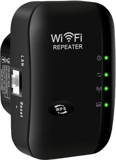 Nieuwste wifi-extender/booster (model 2026) met ethernetpoort – bereik tot 335 m² en ondersteuning voor 45 apparaten, snelle installatie, EU-stekker (zwart)