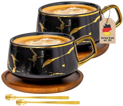 Intirilife 2x Kop keramiek met marmerdesign in Zwart - ongeveer 200 ml - Koffiemok, theemok met houten onderzetter Mok