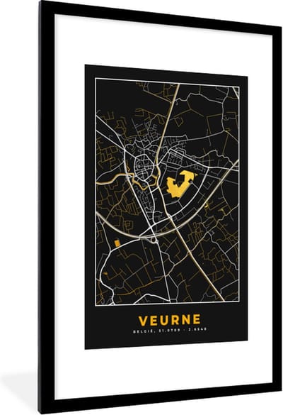 Fotolijst incl. Poster - Veurne - Goud - Plattegrond - Stadskaart - Kaart - 80x120 cm - Posterlijst