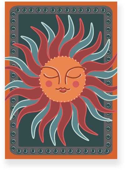 Poster 20x30 cm - Zon met gezicht - Oranje - Blauw - Boho - Spiritueel - Muurdecoratie - Wanddecoratie