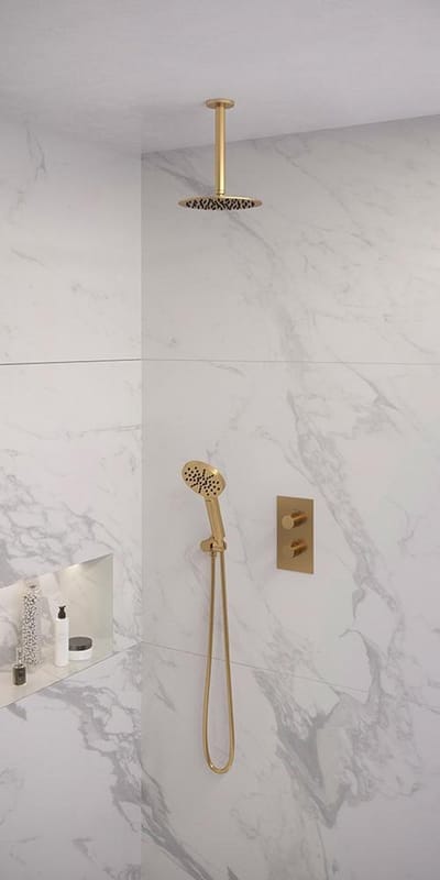 Brauer Gold Edition thermostatische inbouw regendouche 3-weg omstelling SET 35 met 20 cm douchekop en plafondarm en 3-standen handdouche en doucheslang en wandaansluitbocht goud geborsteld PVD