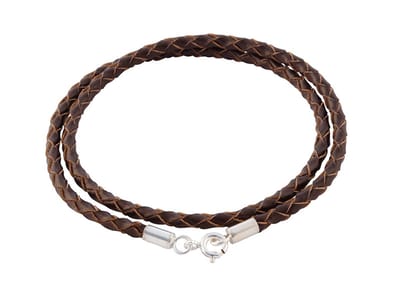 AuBor ®. Gevlochten leren ketting met zilveren sluiting. Bruin. 4mm × 65cm