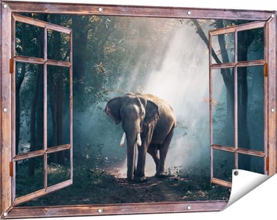 Gards Tuinposter Doorkijk Olifant in het Bos met Zonneschijn - 120x80 cm - Tuindoek - Tuindecoratie - Wanddecoratie buiten - Tuinschilderij