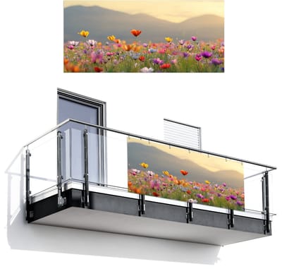 Balkonscherm 200x90 cm - Balkonposter Bloemenveld - Bergen - Zonlicht - Bloemen - Balkon scherm decoratie - Balkonschermen - Balkondoek zonnescherm