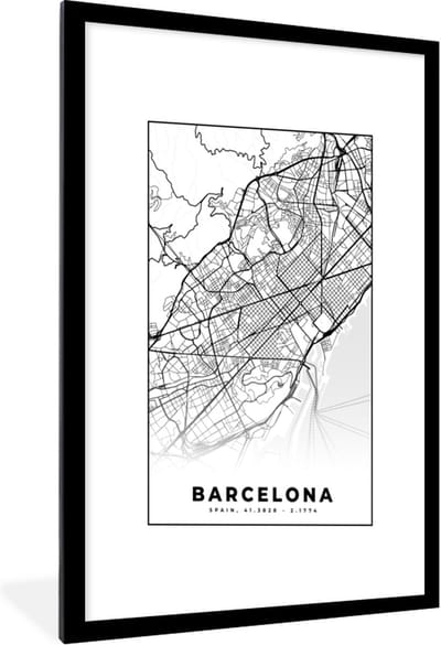 Fotolijst incl. Poster Zwart Wit- Barcelona - Stadskaart - Plattegrond - Zwart Wit - Kaart - 60x90 cm - Posterlijst