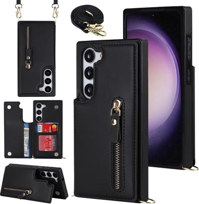 Casemania Hoesje Geschikt voor Samsung Galaxy S23 - Zwart - Luxe Back Cover met Koord & Rits - Wallet Case met Pasjeshouder - Lanyard Telefoonhoes - Cord Case