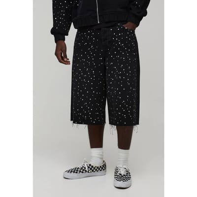 Gewassen Denim Jorts Met Strass En Verlengde Pasvorm | Washed Black | Size 36
