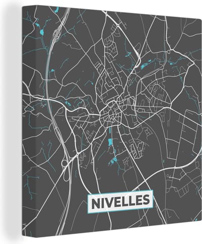 Canvas Schilderij Stadskaart – Grijs - Kaart – Nivelles – België – Plattegrond - 20x20 cm - Wanddecoratie