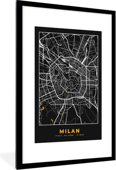 Fotolijst incl. Poster - Kaart - Milaan - Plattegrond - Goud - Stadskaart - 80x120 cm - Posterlijst