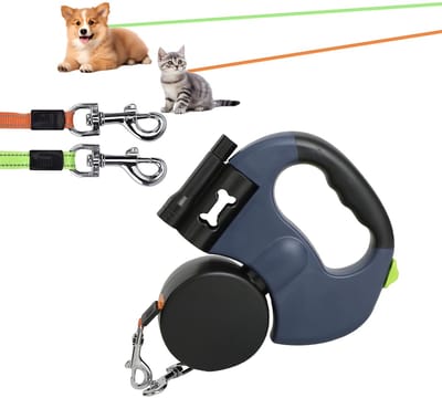 Rollijn, hondenriem, dubbele kop, 360 graden draaibare lijn, intrekbaar, antislip handgreep, voor kleine en middelgrote honden (blauw)