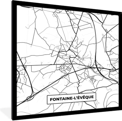 Fotolijst incl. Poster Zwart Wit- Kaart – Plattegrond – Stadskaart – Fontaine l'évêque – België – Zwart Wit - 40x40 cm - Posterlijst