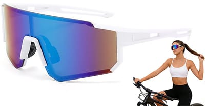 Zonnebril - Sport Zonnebril - Fietsbril - Sportbril - Grootframe Sport Zonnebril - Festival Zonnebrillen - Voor heren en dames - Wit - Paars/groen spiegelglas - Voor Fietsen, Hardlopen en Buitenactiviteiten - Geweldig Cadeau voor Vrouw & Man