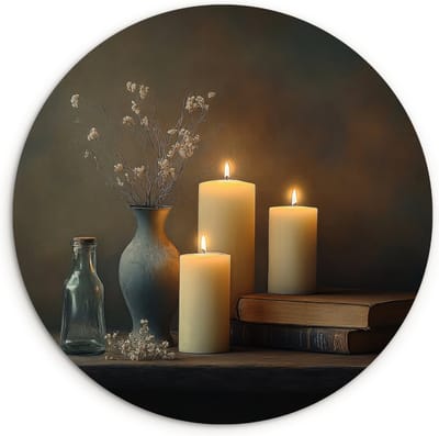 WallCircle® Wandcirkel 60x60 cm - Muurcirkel Kaarsen - Stilleven - Rustiek - Boeken - Muurdecoratie woonkamer - Wanddecoratie keuken - Kamer decoratie accessoires - Ronde schilderijen