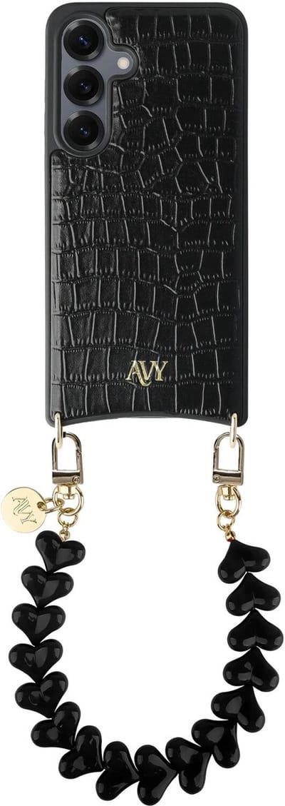 AVY Leren Hoesje Geschikt voor Samsung Galaxy S25 / S24 | Compatibel met MagSafe | Leather Case met Telefoonkoord | Polsband | Croco Zwart | Cupid Black