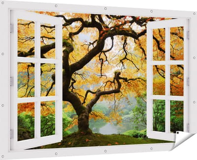 Gards Tuinposter Doorkijk Oude Knoestige Boom - 180x120 cm - Tuindoek - Tuindecoratie - Wanddecoratie buiten - Tuinschilderij