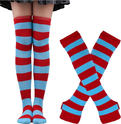 Hoge Dikke Japanse Stijl Kniekousen Meisejs & Dames I Elastische Knie Sokken I Knie Kousen I Verkleedkousen I Rekbaar 50 x 7.5 CM I One Size S/L I Blauw/Rood