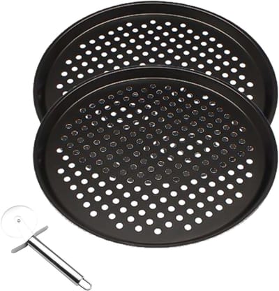 Set van 2 perforerende pizza platen met pizza snijder | Ovenbestendig en vaatwasserbestendig | Ideaal voor thuisgebruik en catering (32 cm)