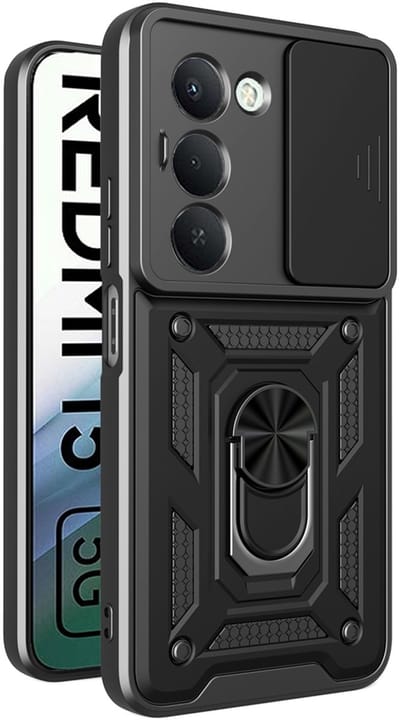 MobyDefend Hoesje - Geschikt voor Xiaomi Redmi 15 5G - Pantsercase Met Draaibare Ring - Zwart