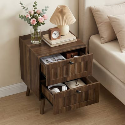 Nachtkastje met 2 Lades - Walnoot Bijzettafel - Mid-Century Modern Design - MDF met Massief Houten Poten - Slaapkamer - 43,5x40x58 cm