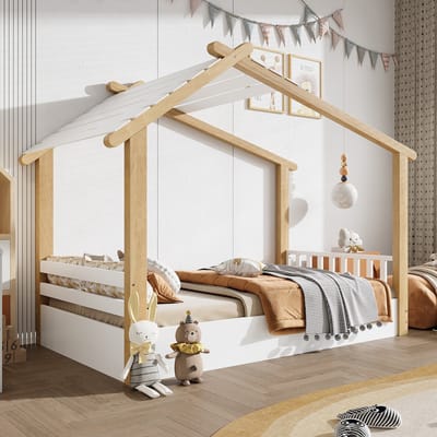 MODFU – Kinderbed in Huisvorm – 90x200 cm – Stevige Lattenbodem – Eenvoudig & Veilig – Hout en MDF – Wit & Naturel