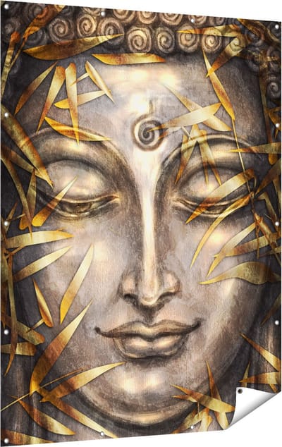 Gards Tuinposter Boeddha Beeld met Gouden Bladeren - 120x160 cm - Tuindoek - Tuindecoratie - Wanddecoratie buiten - Tuinschilderij
