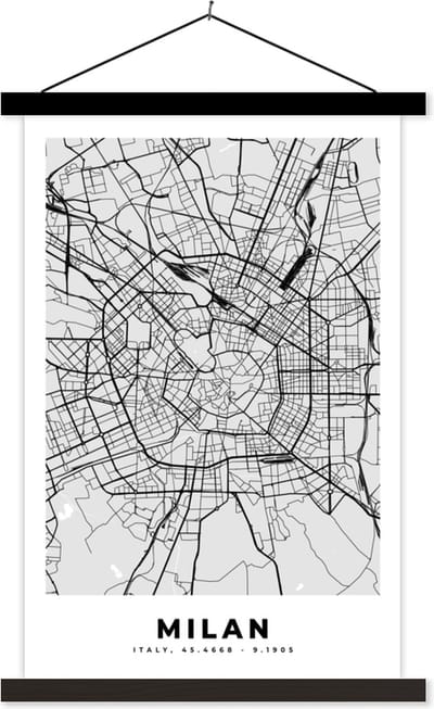Posterhanger incl. Poster 40x60 cm - Schoolplaat - Milaan - Stadskaart - Zwart Wit - Plattegrond - Kaart - Textielposter - Zwarte latten - Stadskaart