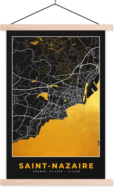Posterhanger incl. Poster 40x60 cm - Schoolplaat - Frankrijk – Saint-Nazaire – Stadskaart – Plattegrond – Kaart - Textielposter - Blanke latten - Stadskaart