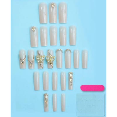 24 stuks Luxe Extra Lange Rechthoekige Kunstnagels, Versierd Met 3D Gouden Vlinder & Strass, Volledige Dekking, Voor Vrouwen Meisjes Nagelbenodigdheden gray