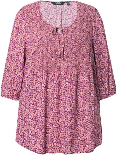 Ulla Popken - Dames - Gerimpelde blouse bloemen A-lijn ronde hals 3/4-mouw - Rozenkwarts - Maat 42+
