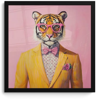 Poster in lijst - Fotolijst 40x40 cm - Posters - Tijger - Bril - Geel - Jasje - Posterlijst zwart - Decoratie - Wanddecoratie woonkamer - Muurdecoratie slaapkamer