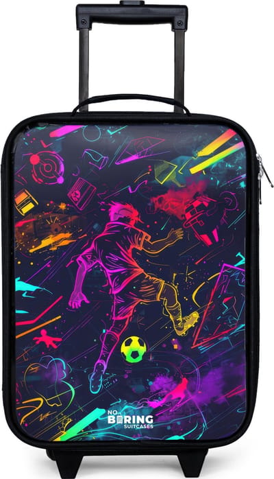 NoBoringSuitcases.com® - Kinderkoffer jongen - Kindertrolley meisje - Straatvoetbal in ruimtekleuren - Koffer kind lichtgewicht - Reiskoffer trolley voor kinderen - Koffertje met lichtgevende wieltjes - Rolkoffer zwart
