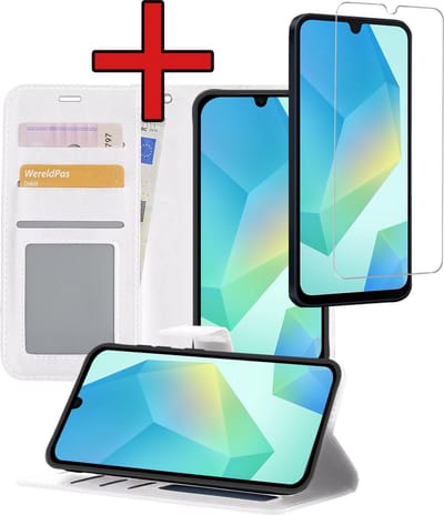 Hoesje - Met Screenprotector - Geschikt voor Samsung Galaxy A16 - Luxe Pasjeshouder - Flipcase - Bookcase Portemonee - Flip Case - Kunstleer Book Case - Book Cover - Walletcase - Portemonneehoes - Telefoonhoes - Wit