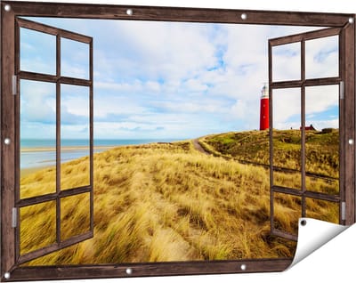 Gards Tuinposter Doorkijk Vuurtoren met Duinen in Texel - 120x80 cm - Tuindoek - Tuindecoratie - Wanddecoratie buiten - Tuinschilderij