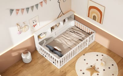 Dagbed 90x200 - Opbergbed Met Opbergvakken - Kinderbed Met Leuning - Grenenhout - Lattenbodem Inbegrepen - Wit - Zonder Matras