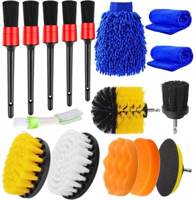 Auto Poets Set - 16-delig met Polijstschijven (kan op boormachine), Auto Wassen Velgenborstels, Microvezel Poetsdoeken, Sponzen, Dashboard reiniger. Schoonmaak set - Car Cleaning