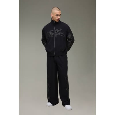 Boxy Fit Funnel Neck Zip Through Woven Tracksuit | Black | Size Small