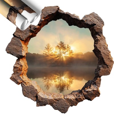 Wallfluent 3D Muursticker - Landschap door de rotsen 3D Wandsticker Gat In De Muur - 60x60 cm - Bruin 3D Sticker Gat In Stenen Muur - 3D Sticker Optische Illusie Gat - Zelfklevende Muursticker 3D Gat - Zelfklevende 3D Wandsticker Illusie