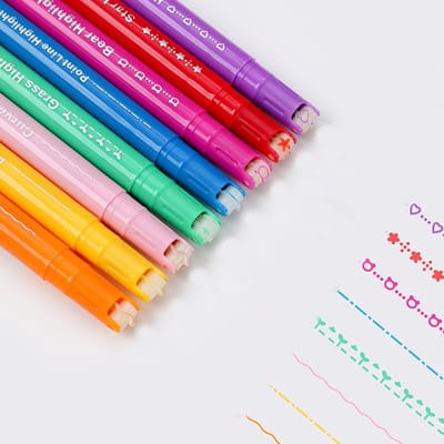 Ynkkvre - 8-delige markeerstiftenset voor notities, dubbelzijdige pennen met 8 verschillende patronen en 8 kleuren, fijne lijnen, gekleurde gebogen pennen voor bullet journals, school, kinderen, cadeaus