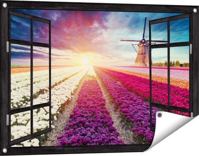 Gards Tuinposter Doorkijk Kleurrijke Tulpen Bloemenveld - Windmolen - 90x60 cm - Tuindoek - Tuindecoratie - Wanddecoratie buiten - Tuinschilderij