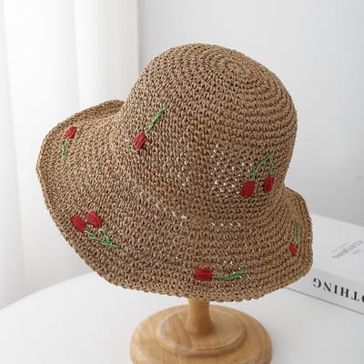 Chapeaux d'été pour femmes Chapeau de soleil Décoration cerise Chapeau seau Vacances au bord de la mer Protection solaire Respirant Accessoires de plage Pliable (khaki,56-58cm) kaki