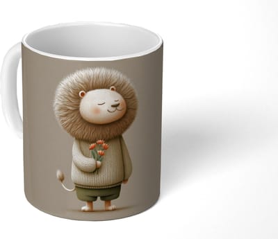 Mok - Koffiemok - Leeuw - Oranje bloemen - Vriendelijk - Mokken - 350 ML - Beker - Koffiemokken - Theemok