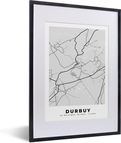 Fotolijst incl. Poster Zwart Wit- België – Durbuy – Stadskaart – Kaart – Zwart Wit – Plattegrond - 30x40 cm - Posterlijst
