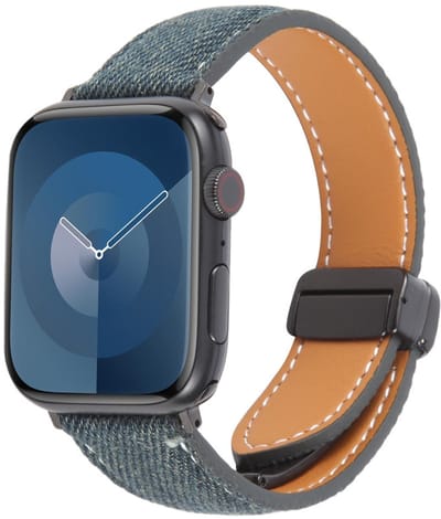Hybride bandje leer + denim - geschikt voor Apple Watch 1/2/3/4/5/6/7/8/9/10/11/ SE (1,2,3) met maat 38 mm / 40 mm / 41 mm en 42 mm (Watch 10/11) - magneetsluiting - donkerblauw