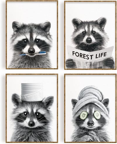 4 Delige Set Canvas Schilderijen Wasbeer Kunst Prints Zwart Wit voor Wanddecoratie Woonkamer en Kantoor 30x40 cm