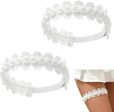 Elegante Bruidsbanden Set van 2, Kanten en Parels, Perfecte Accessoires voor de Bruid, Wit en Elastisch