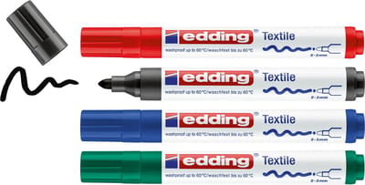 edding 4500 textielstift - zwart, rood, blauw en groen - 4 stuks - ronde punt 2-3 mm - textielstiften wasmachinebestendig (60°C) om op textiel te tekenen - textielmarker voor volwassenen en kinderen